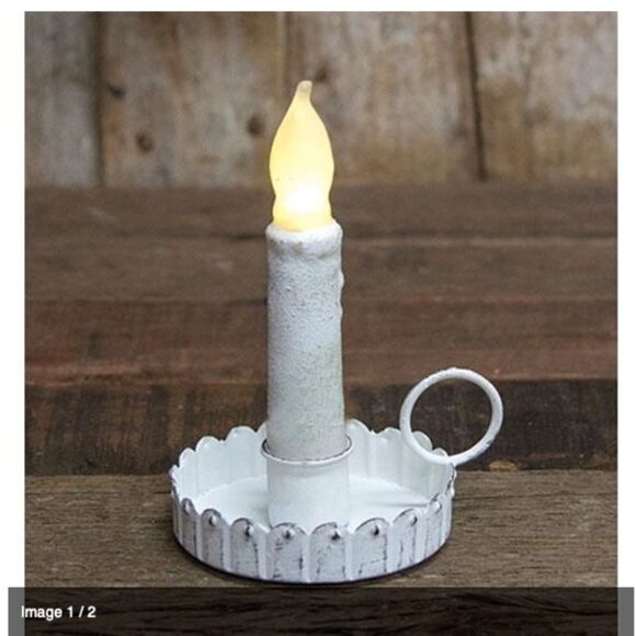 Two Farmhouse Distressed White Metal Taper Candle Holders Set Cottagecore Rustic - Picture 2 of 2